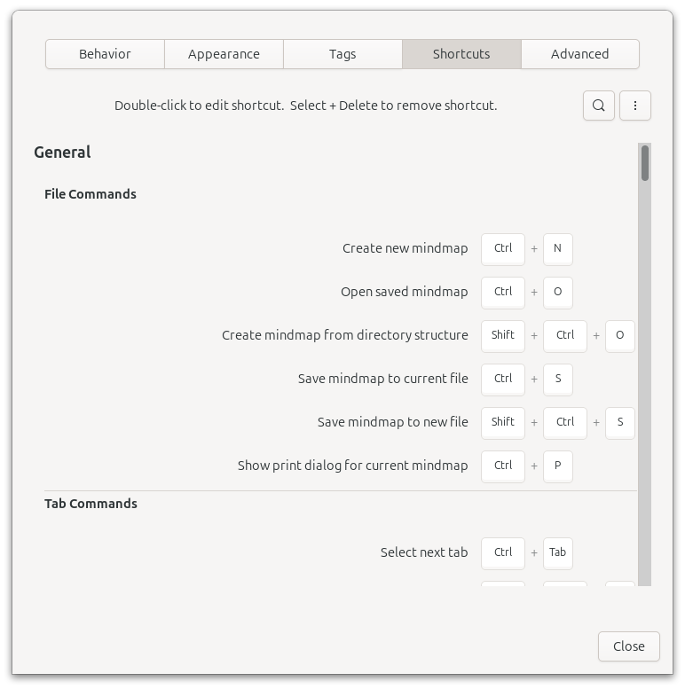 Shortcuts Panel in Preferences